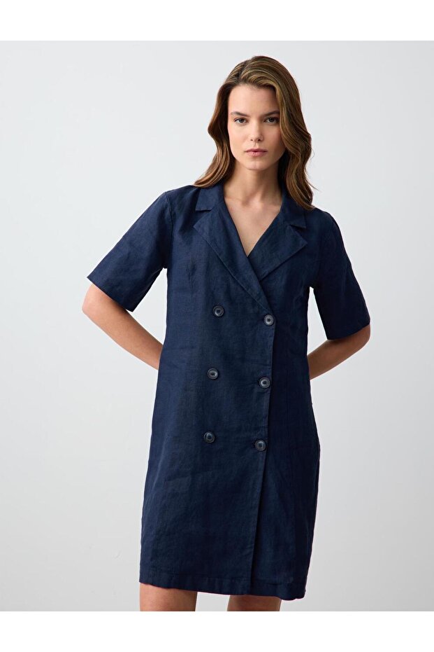 Navy Blue 100% Linen Short Sleeve Button Detailed Jacket Collar Mini Dress