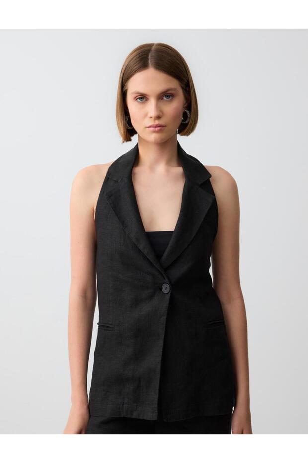 Black 100% Linen Slim Fit Backless Vest with Pocket Detail