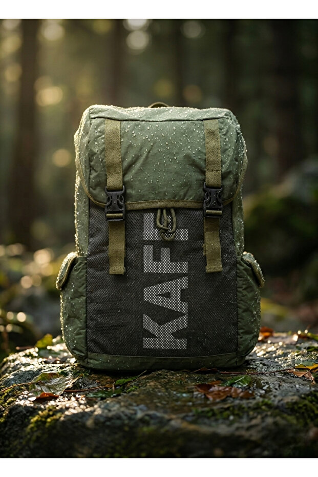 Khaki with Logo Unisex Crinkle Fabric Water Resistant Drawstring Travel Sports Outdoor School Backpack