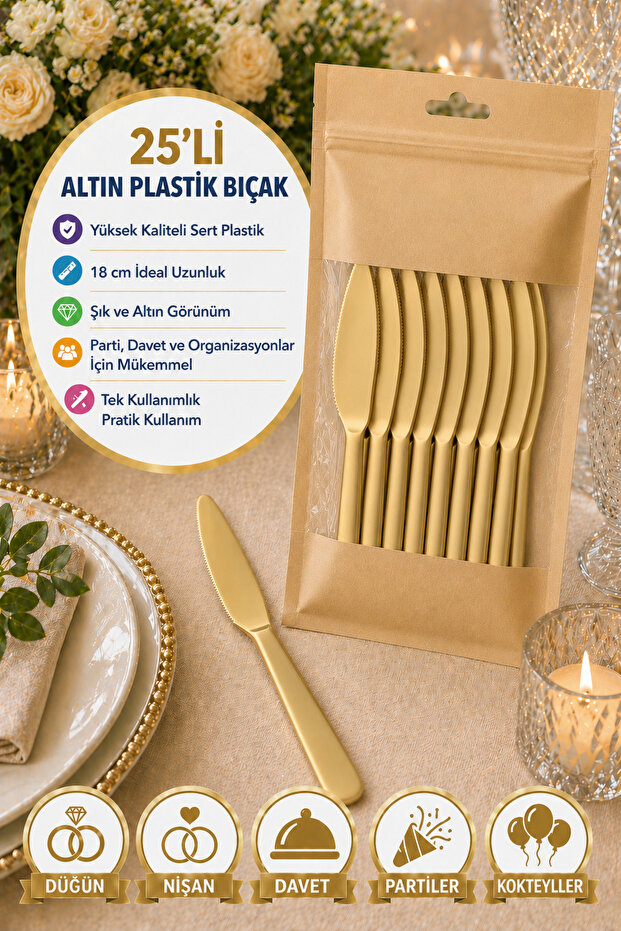 25-Pack Gold Plastic Knives 18 cm Hard Disposable