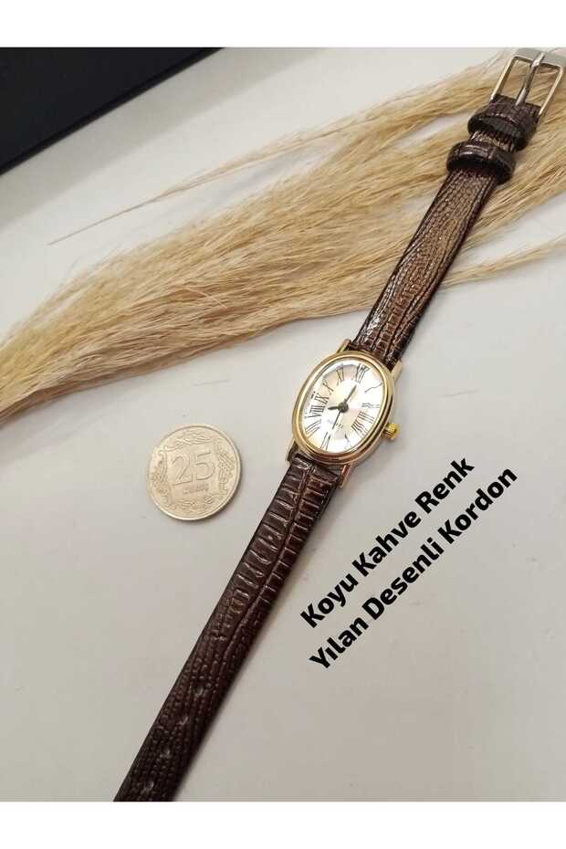 Fashion Design Dark Brown Color Snake Patterned Cord Gold Color Case Women's Wristwatch- Roman Numeral Detail