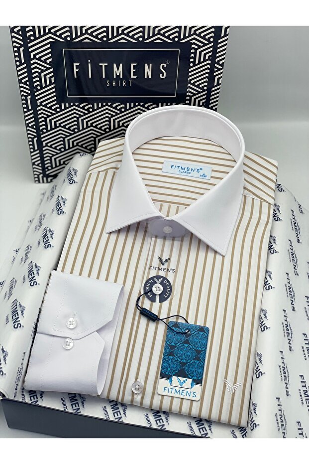 Classic Long Sleeve Pocketless Collar Cuff White Men's Shirt with Gift Box Fs-004325 - White Beige