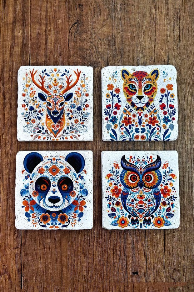 Natural Stone Coasters Set of 4 10X10X1 cm Colorful Animals -Stone Coasters