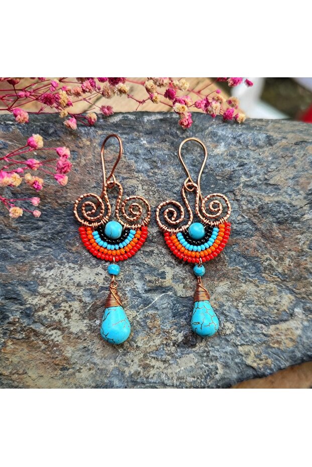 Handmade Copper Wire Wrap Earrings with Cat's Eye Stone