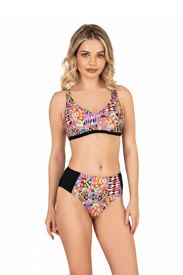 Beria Women's Pink Geometric Patterned Bikini Set with Gathering Straps