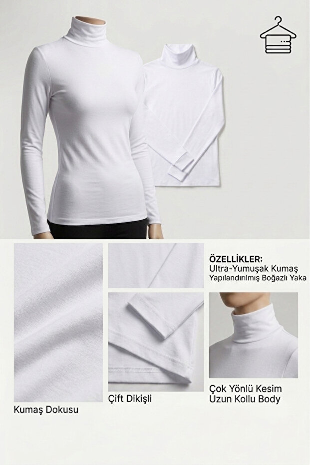 Women's Long Sleeve Half Turtleneck Combed Cotton Lycra Bodysuit - White