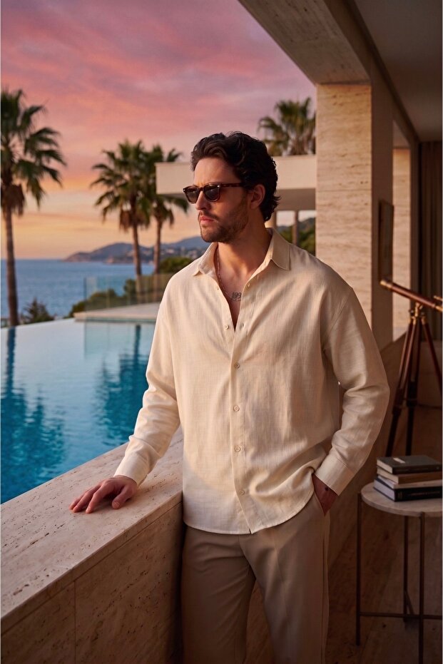Men's Cotton in Linen Look Shirt Beige