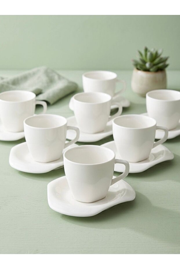Maisone Set of 6 Plain Striped Simple and Stylish Embossed White Porcelain Coffee Cups – 100 ml