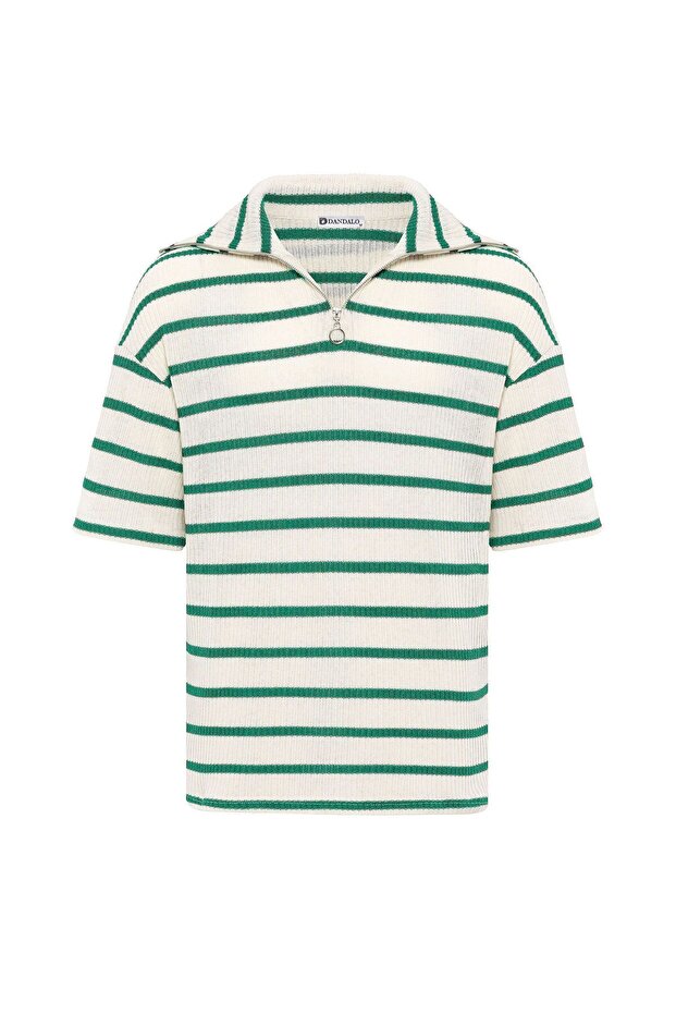 Oversize Striped Zippered Collar Knitwear T-Shirt