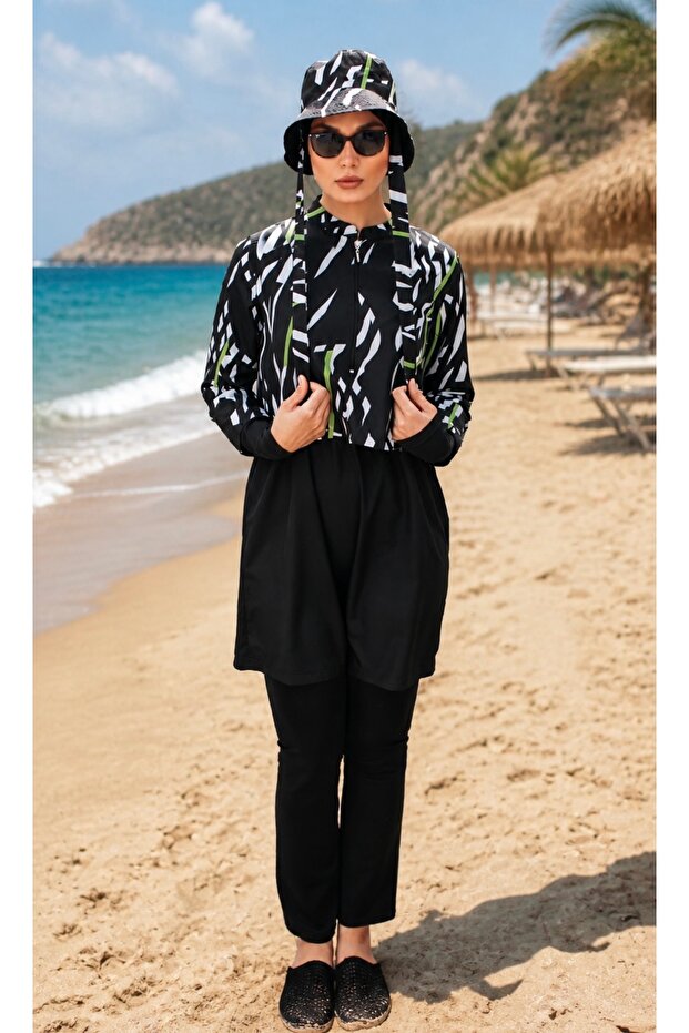 Zebra Lime Women's Short Patterned Zippered Full Covered Hijab Swimsuit Set of 3