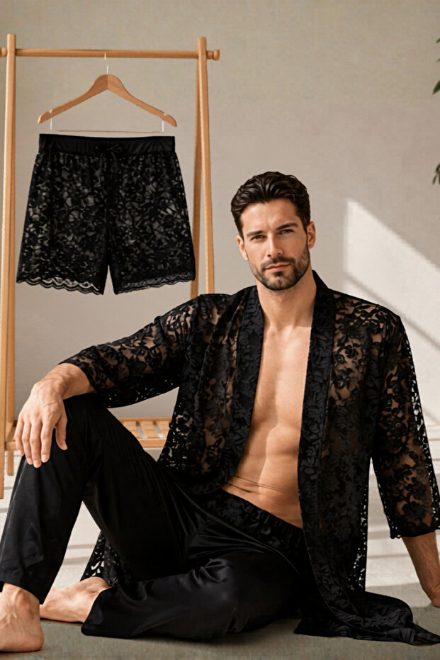 Men's Kimono Set – 3-Piece Lace Set (Bathrobe + Trousers + Shorts)