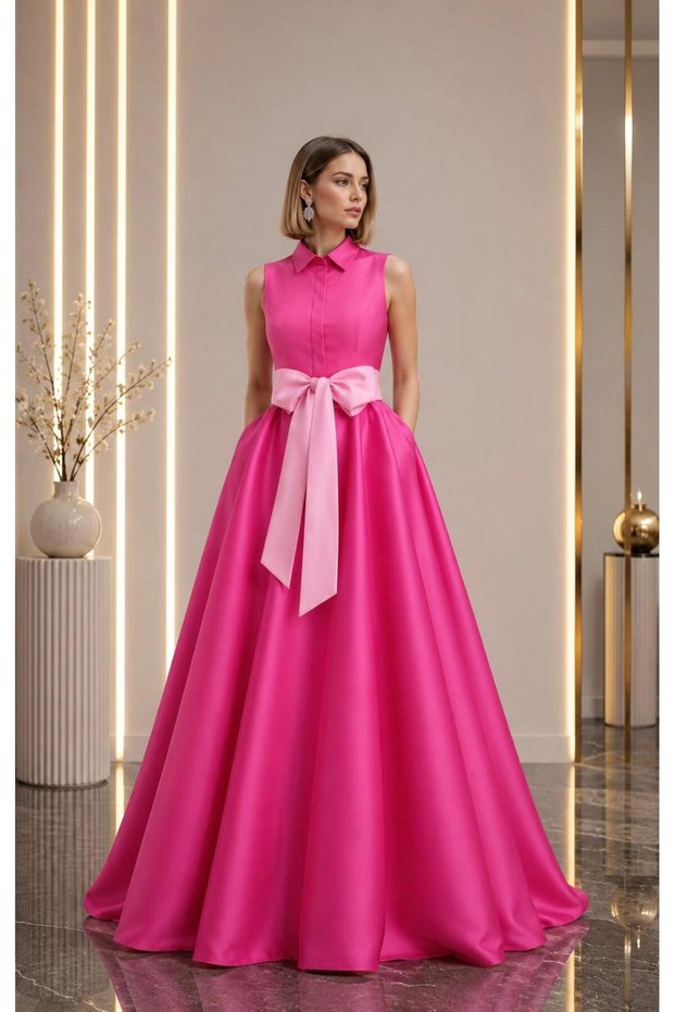 Maxi Boy Two-Tone Stylish Event Dress with Hidden Front Placket and Mobile Belt Cou-38