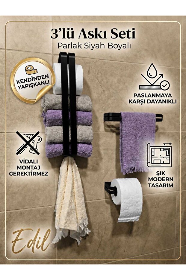 Edil 3-Piece Bathroom Set, Towel Rack, Toilet Paper Holder, Adhesive, No Assembly Required