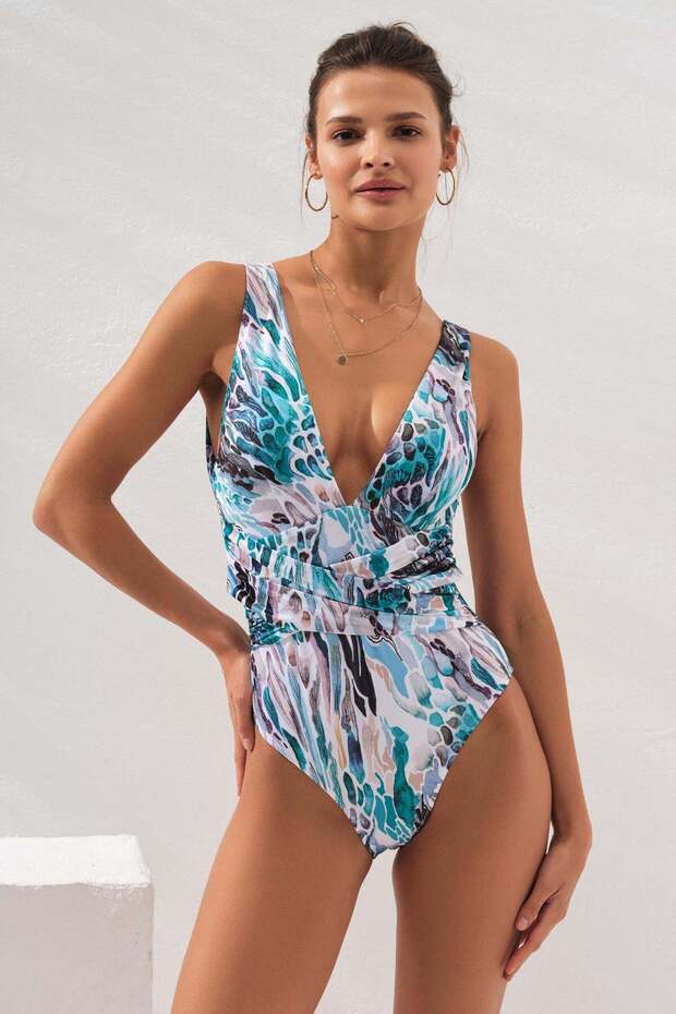 Strappy Plunging Neckline Swimsuit Coral 231135-d