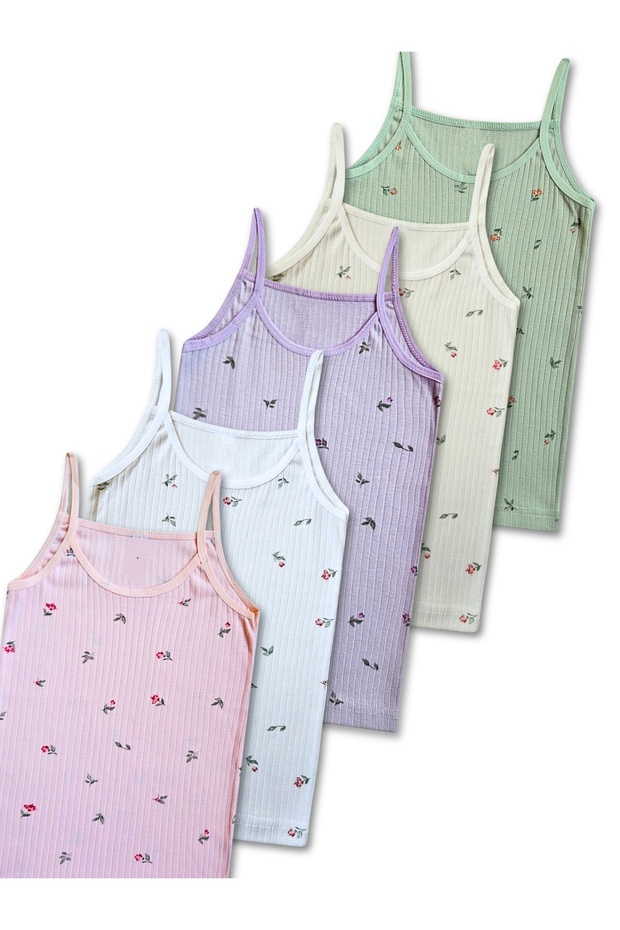 100% Cotton Girls' Floral Patterned Thin Strap Ribbed Undershirt Set of 5 / Ages 2-11 / Undershirt / Underwear