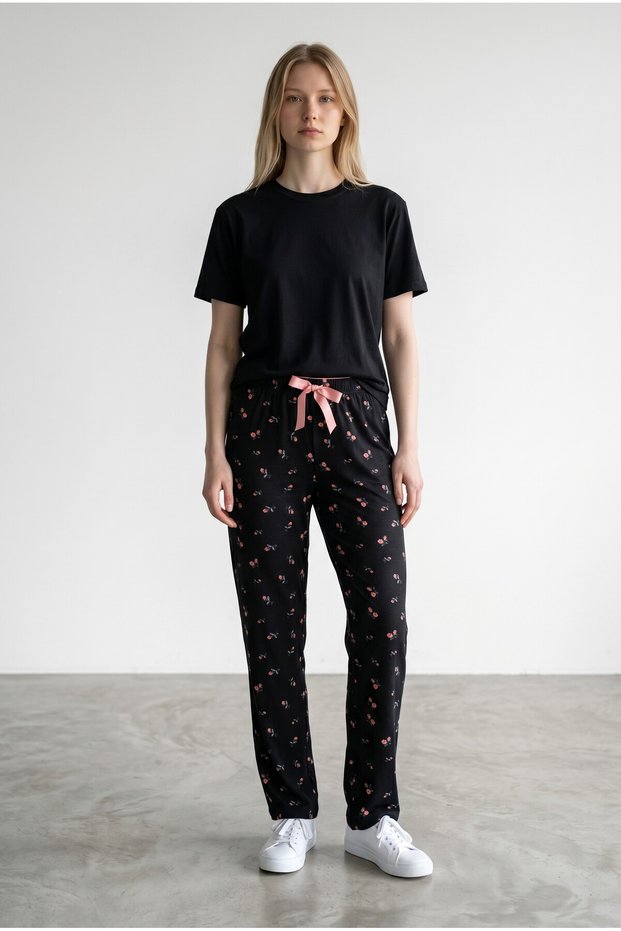 Black Floral Patterned Women's Pajama Bottoms with Pink Ribbon Detail
