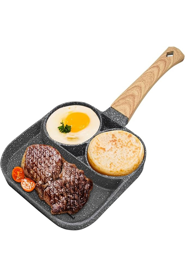 3-Section Non-Stick Divided Frying Pan, Grey Granite Finish, Wooden Handle, 35x18cm, for Breakfast Cooking