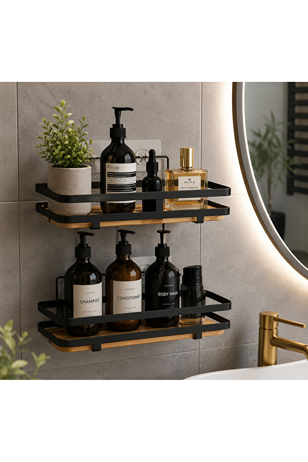 Premium double shelf for bathroom or kitchen, 5Five Simply Smart, installation without drilling, durable adhesive backing, metal and wood, black with wood look - 2