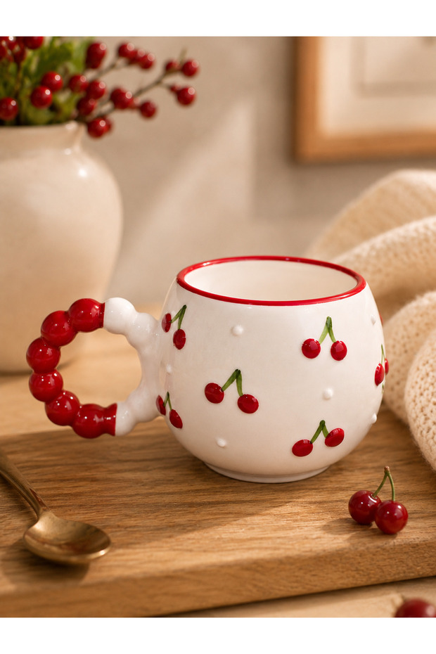 مقبض لؤلؤي، كوب سيراميك مطرز يدويًا بنمط الكرز
