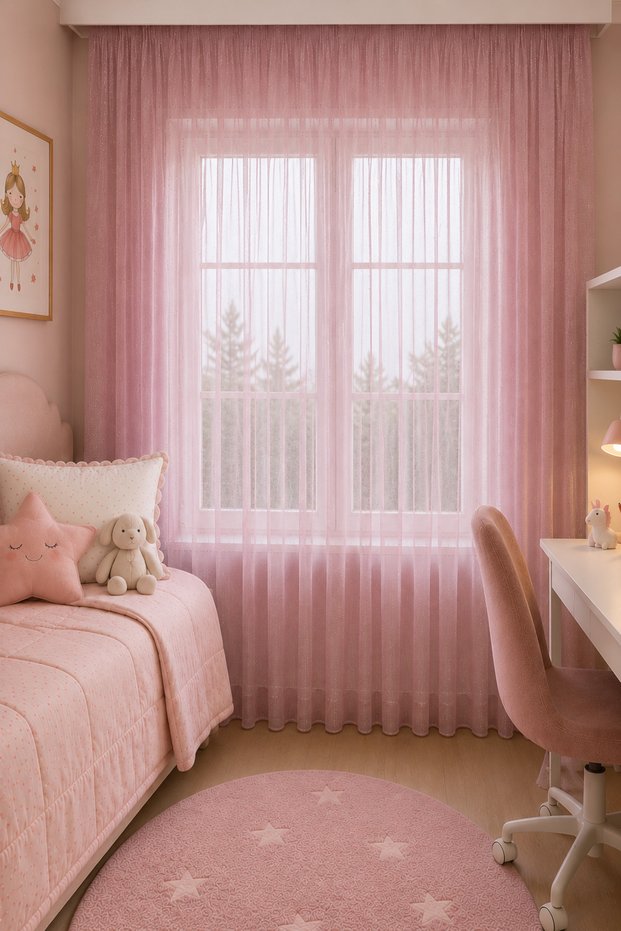 Net Tulle Curtain Wrinkle-Free Aesthetic Durable Economical Pink Stylish Tulle Curtain 1/2 Pleat Living Room Kitchen