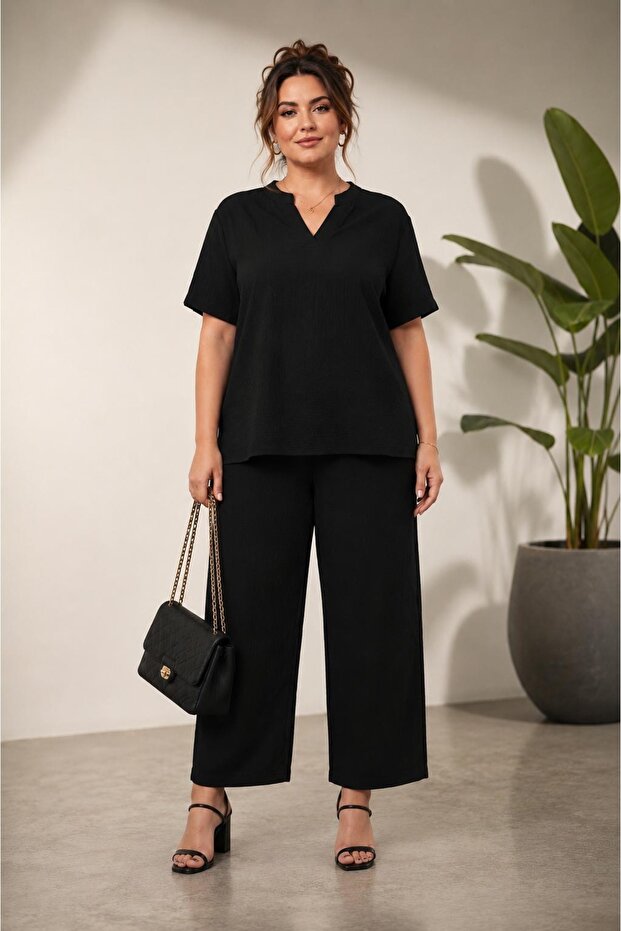 Women's Plus Size Casual Stylish Blouse and Pants Two-Piece Set