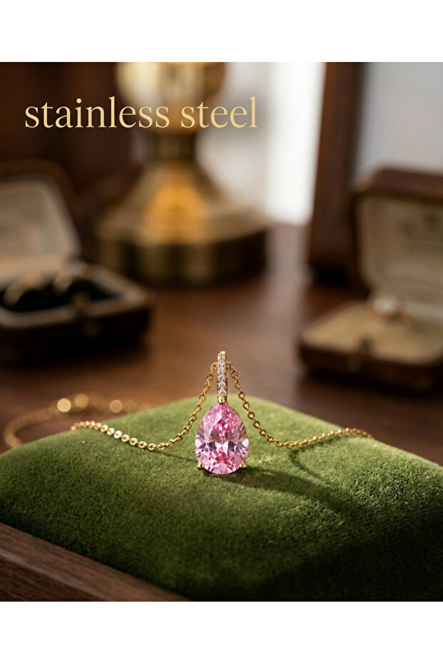 Gold Color Row Stone Pink Drop Model Sf Chain Steel Necklace