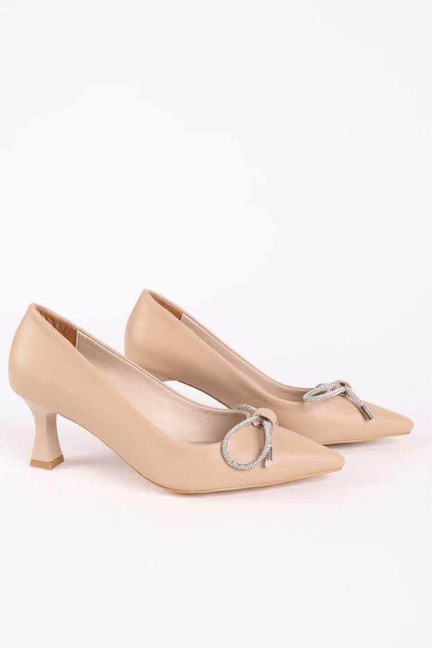 Women's Short Heeled Stone Bow Pointed Toe Evening Dress Shoes Skin Color