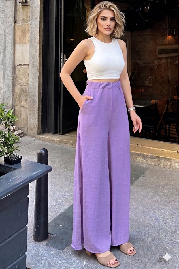 Women's Elastic Waist Pocketed Wide-Leg Casual Oversized Soft-Textured Comfortable Pants Lilac 700-3391341