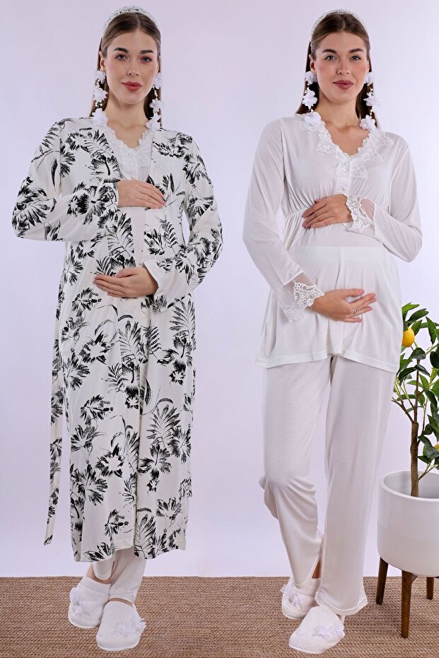 Effortt Ecru Robed Maternity and Postpartum Pajama Set