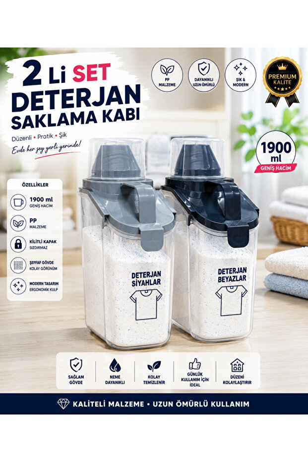 2-Piece Gray and Smoked Lid 1900 ml Airtight Powder Detergent Storage Container Double Sealed Bathroom Organizer