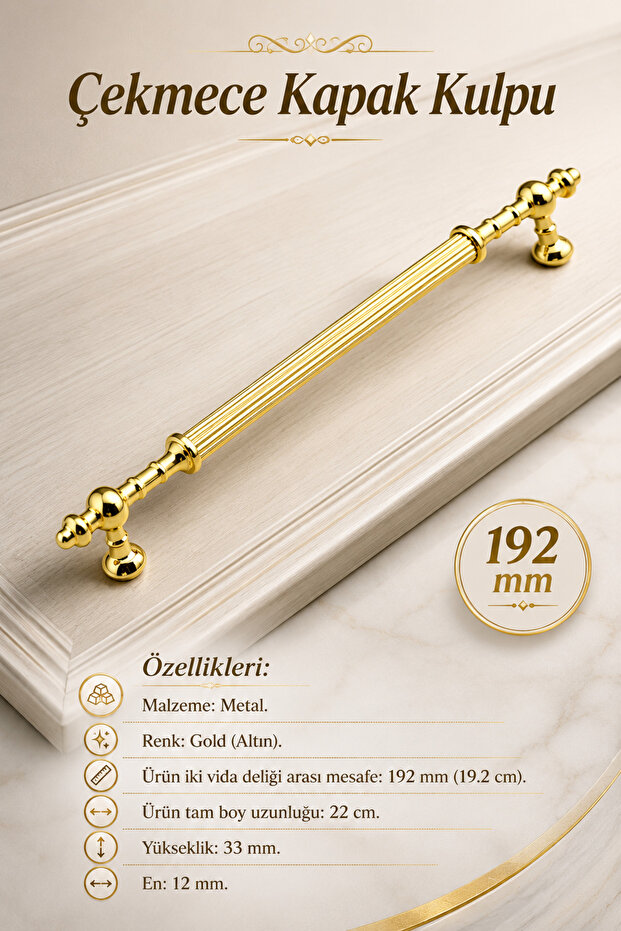 Furniture Drawer Kitchen Cabinet Wardrobe Handles Handle Handle Gold Gold Metal Handle 192 Mm- 19.2 cm