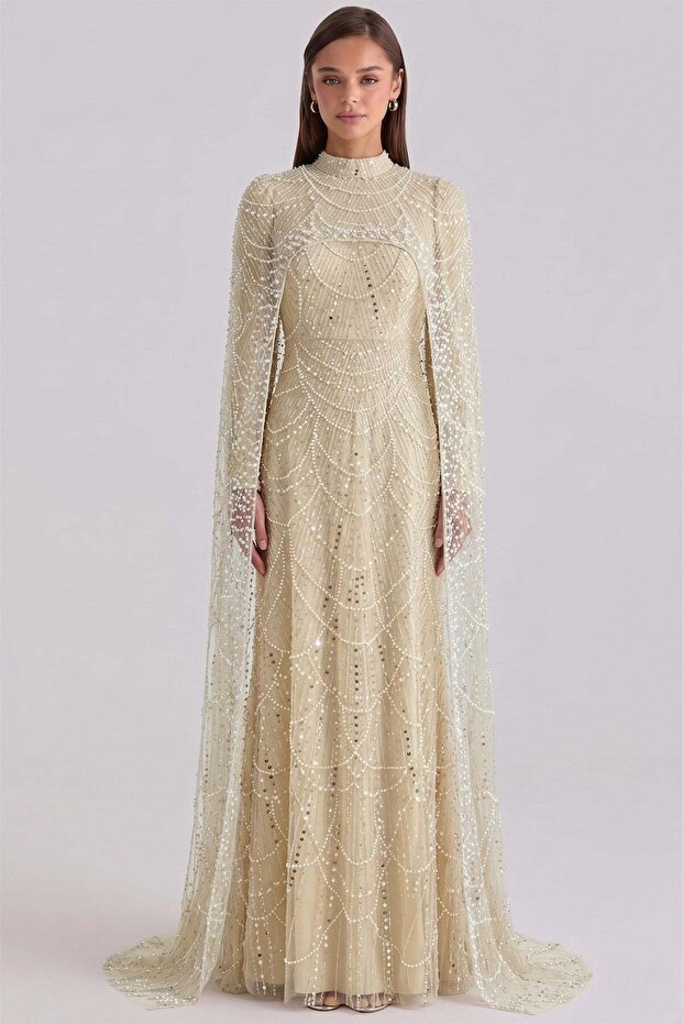 Exclusive Islamic Evening Dress with Pearl and Sequin Embellishments Cream 1039