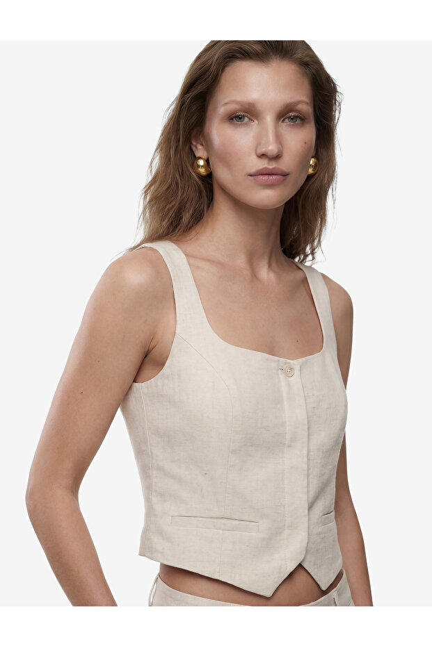 X Melis Ağazat - Square Collar Sleeveless Buttoned Pocket Detailed Linen Blend Vest