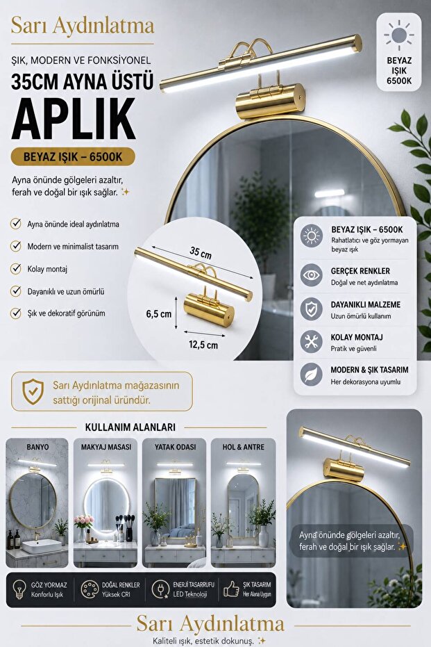 35cm Gold Case Led Table and Mirror Top Sconce White Light Modern Wall Lighting