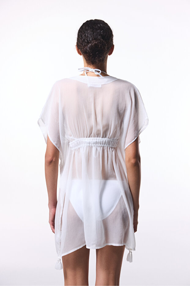 Λευκό Basic Chiffon V-Neck Mini Kaftan - 2