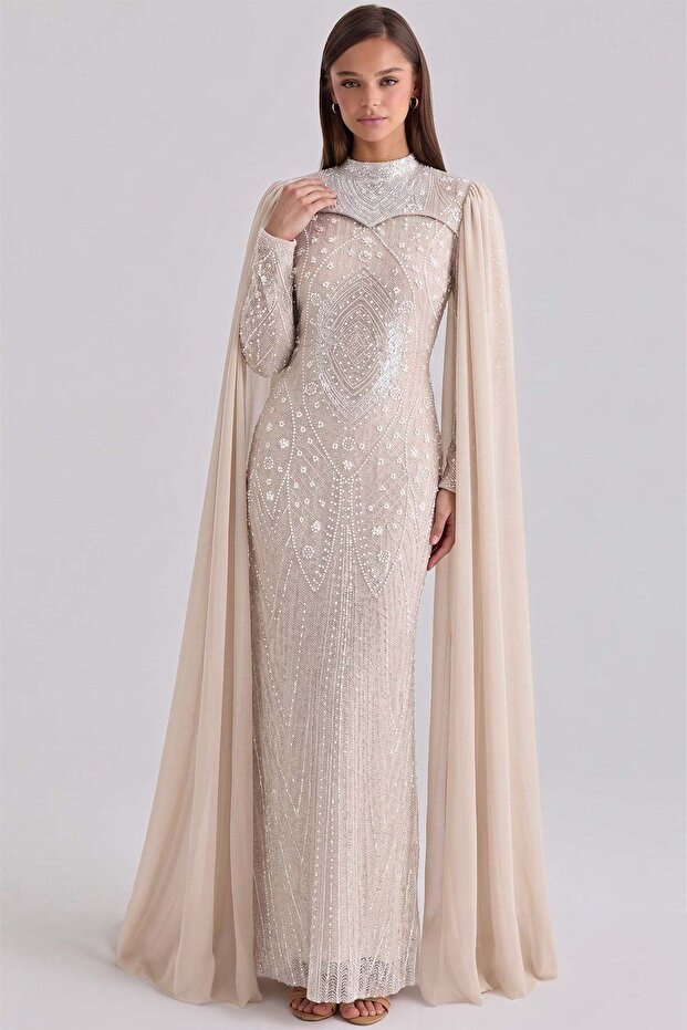 Exclusive Hijab Evening Dress with Detachable Cape Detailed with Pearl and Sequin Patterns Taş 1097