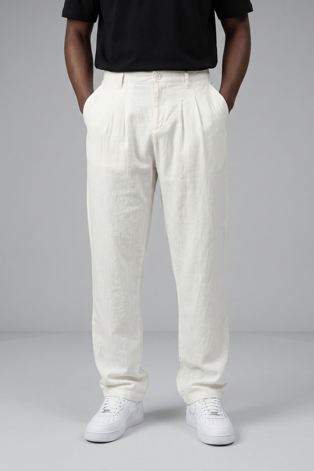 Baggy Linen Fabric Pleated White Pantalon K2019P