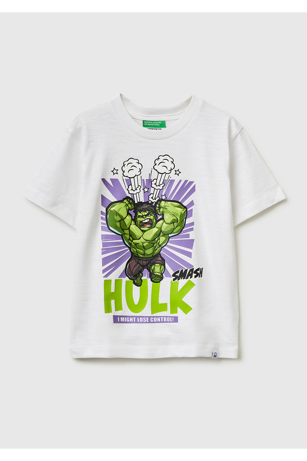 Boy's white hulk print crew neck t-shirt