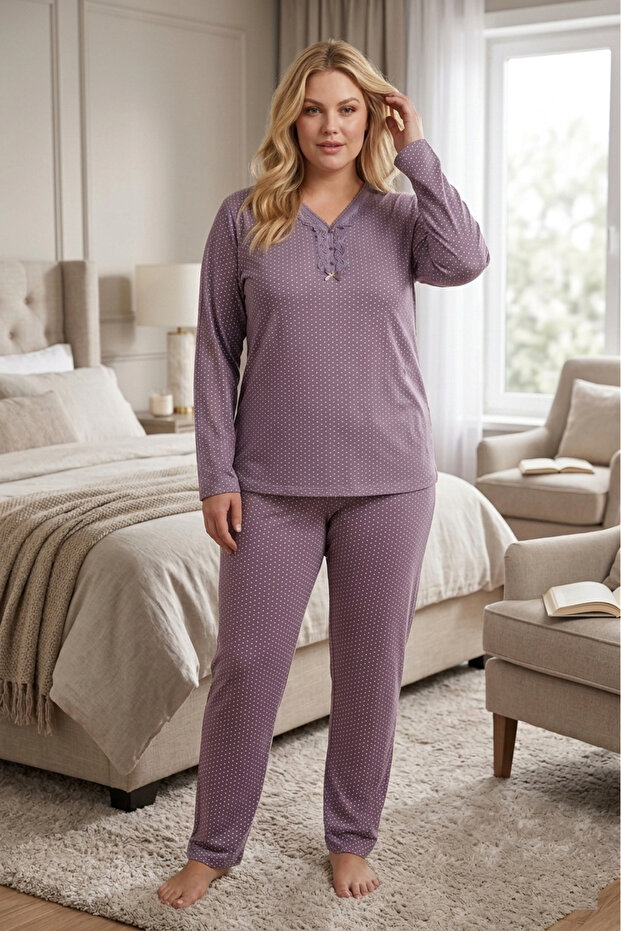 Women's Plus Size Patterned Collared Buttoned Long Sleeve Bamboo Pajama Set