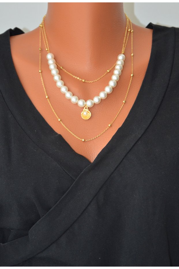3-Piece Women's Necklace with Pearls, Gold Color Ball Chain, Multi-Layered Stylish Necklace