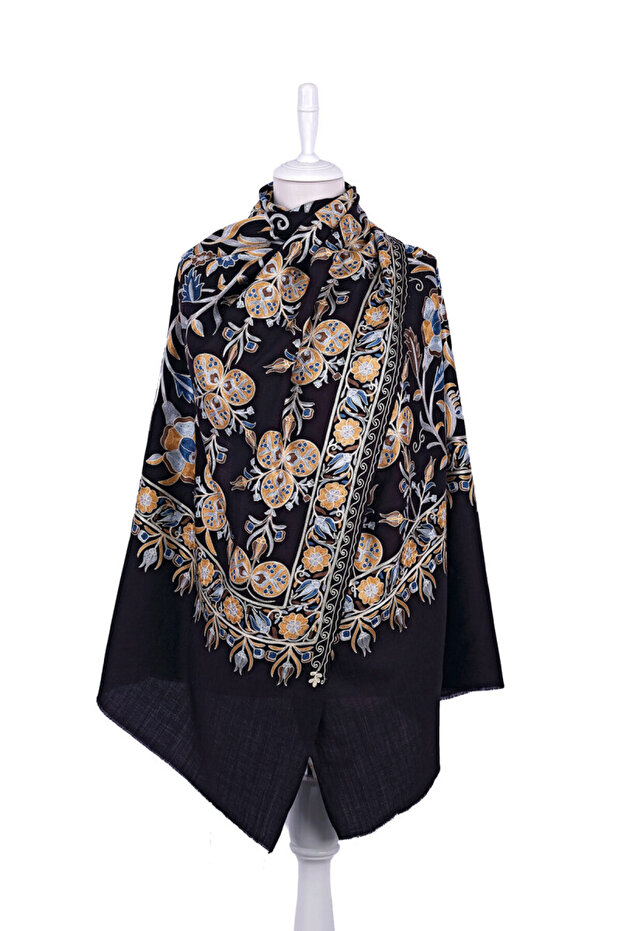 Black Fully Embroidered Suzani Wool Shawl