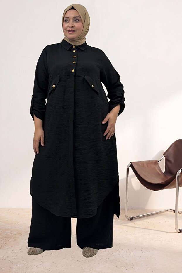 57024 Large Size Men's Collared Front Placket Trousers Suit - Black