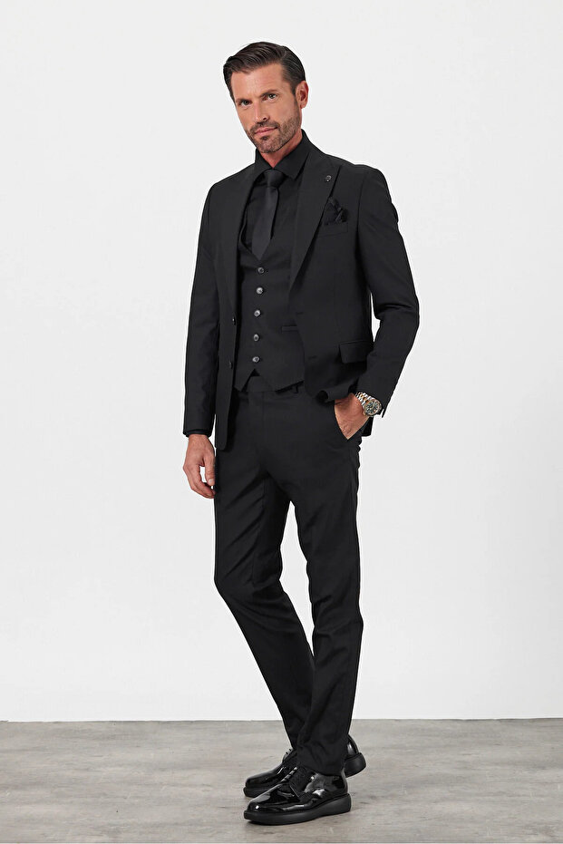 Terzi Ayhan Full Set Black 5-Button Slim Fit Suit with Vest (Full Set) – for a Flawless Posture, Choose 1 Size Larger.