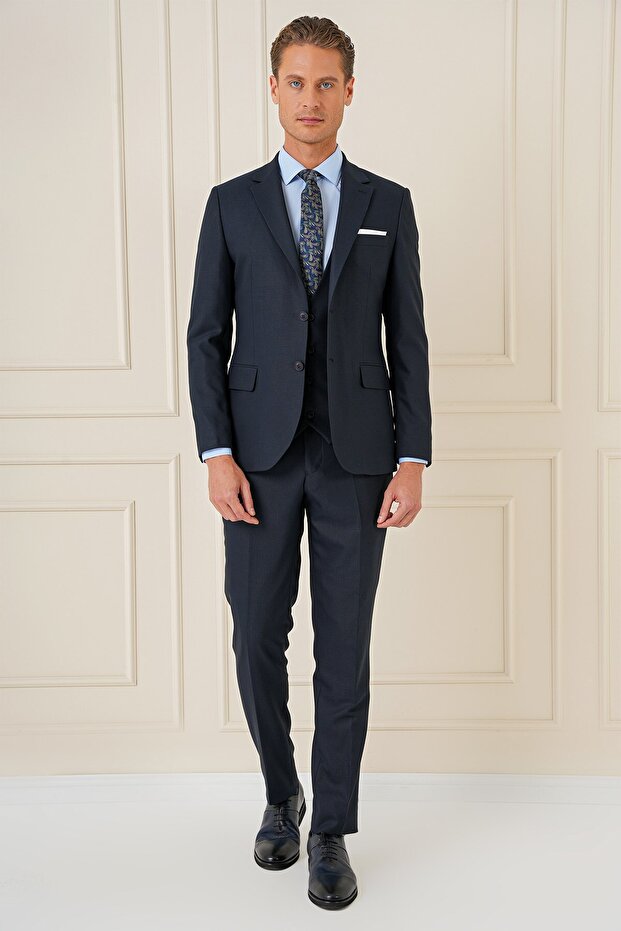 Slim Fit Double Breasted Navy Blue Classic Vest Suit Tk 896