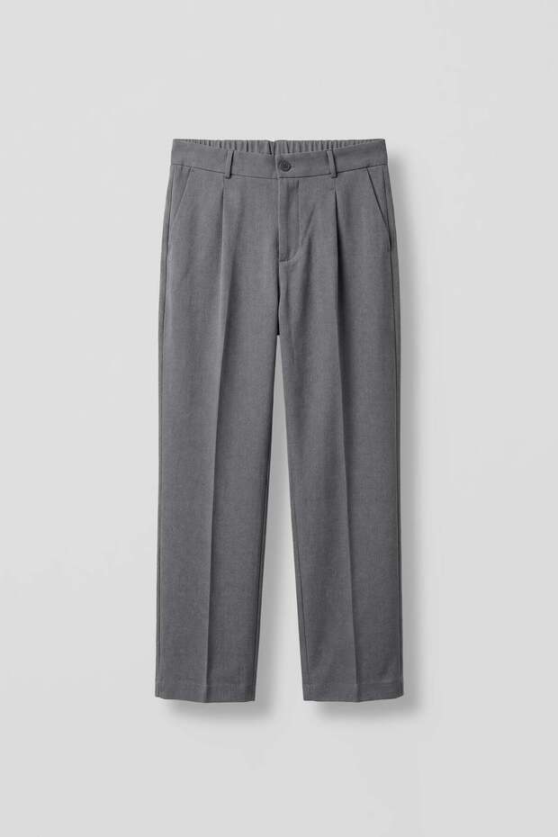 Men's Regular Fit Pleated Elastic Waist Fabric Trousers Gray Melange