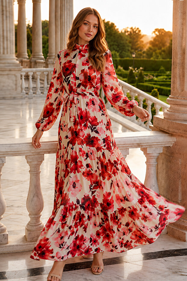 Patterned Hijab Dress Red 524-1