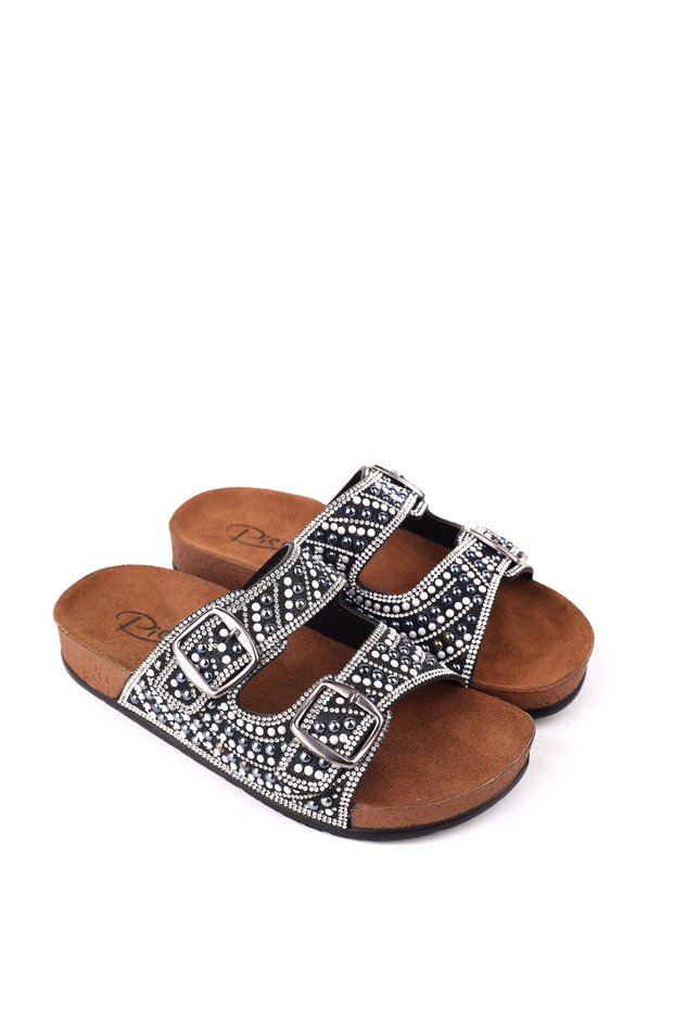 20054 Women's Anatomical Sole Buckle - Stone Detailed Daily Slippers