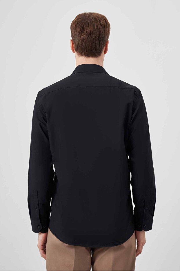 Men's Black Basic Plain Pattern Pocketed Hard Collar Regular Fit Shirt - 4
