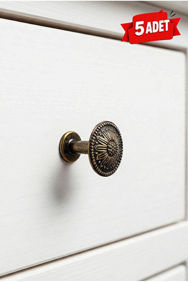 5-Piece Antique Yellow Furniture Knobs – Drawer Cabinet Nightstand Handle – Vintage Patterned – Pack of 5