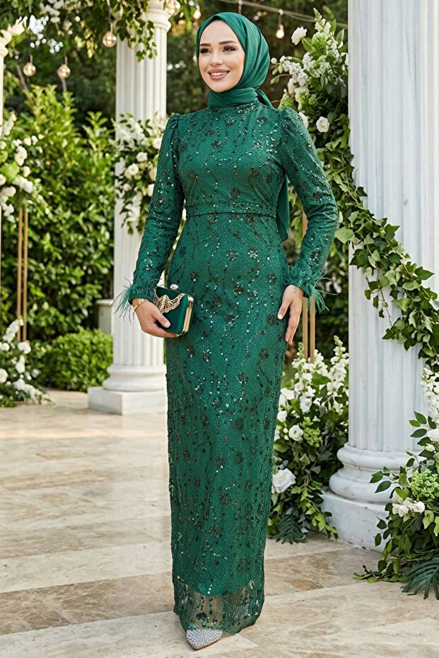 Bead Embroidered Emerald Green Hijab Evening Dress 52061Zy